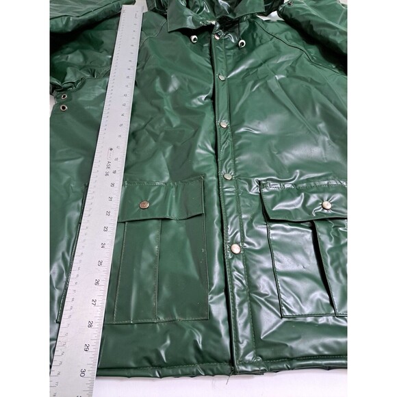Duck Bay Raincoat PVC Rain Jacket Mens Medium Hooded Insulated Plaid Lined Green - Picture 11 of 12